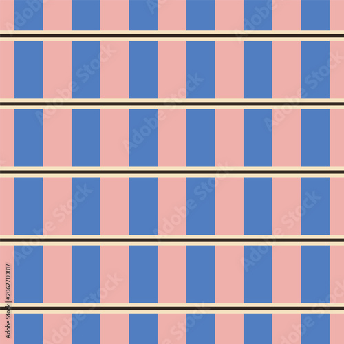 Vertical stripe seamless repeated pattern punctuated by evenly spaced horizontal double-line bands.  Modern Graphic Surface Pattern Design with a bold, resort-inspired textile character. 