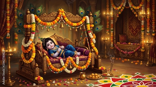 Janmashtami Celebration: Baby Krishna in a Radiant Golden Cradle with Peacock Feathers and Flute Ornaments on a Deep Blue Gradient Background