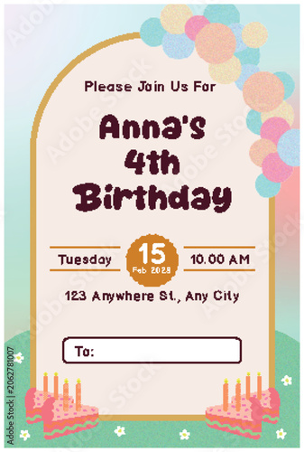 Cute kids birthday invitation card template with arch frame, balloons and cake slices