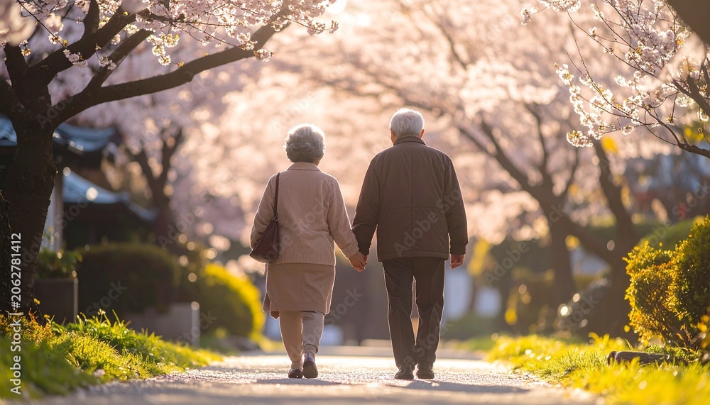 Obraz premium Japanese Elderly Couple Walking in Blooming Cherry Blossom Park