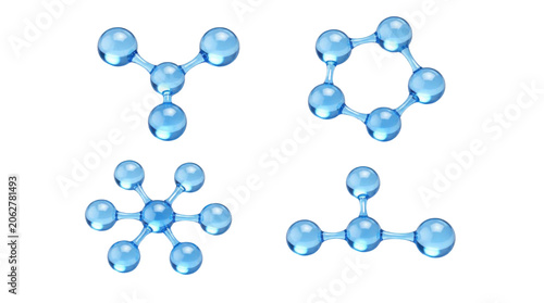 Blue molecular models arranged in four distinct geometric configurations on Transparent Background