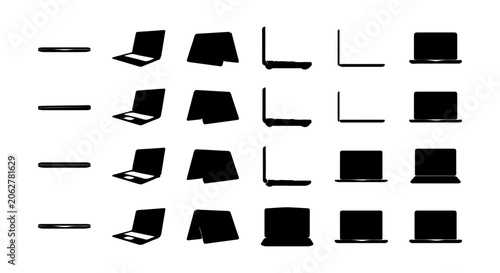 Laptop Icons Set, Technology Device Views, Digital Gadget Silhouettes, Modern Computer Collection