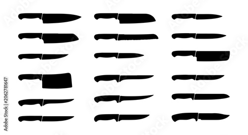 Kitchen Knife Silhouettes, Chef Knives Collection, Slicing Blades Set, Cooking Utensils Vector Icons