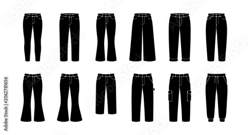 Black Denim Jeans Collection, Diverse Styles Vector Icons, Fashion Apparel Silhouettes