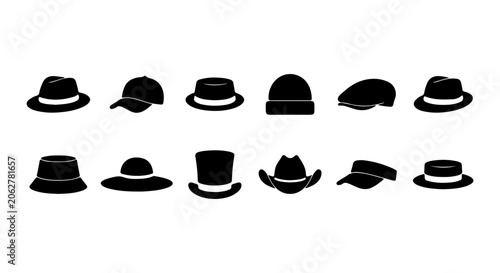 Classic Hat Collection Vector Icons, Vintage Headwear Silhouettes, Gentleman's Fashion Accessories Set