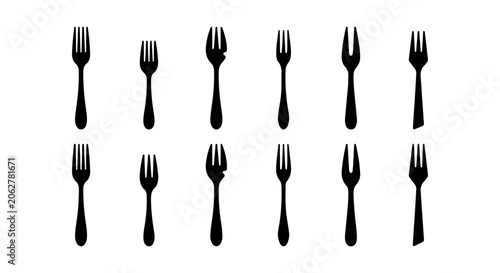 Set of 12 Black Fork Icons, Simple Silhouette Utensil Graphics, Culinary and Dining Vector Elements