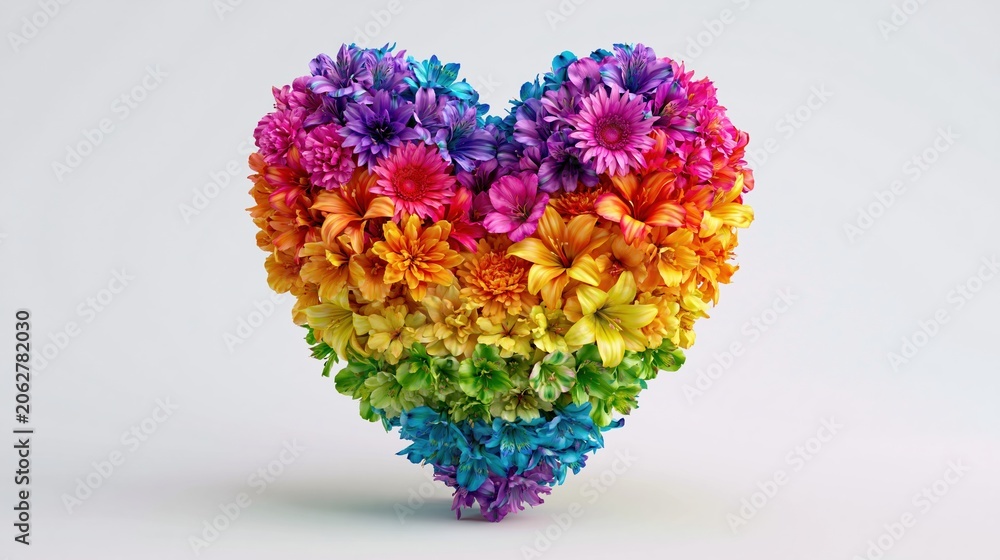 Obraz premium Vibrant Rainbow Heart Shape Crafted from Assorted Colorful Flowers on a Clean White Background