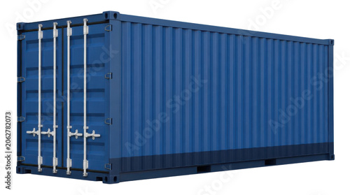 Blue shipping container with double doors and vertical ridges against Transparent Background