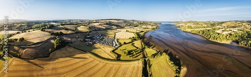 Panorama of Farms and Fields over River Teign and Teignmouth Road from drone, Newton Abbot, Devon, England, United Kingdom