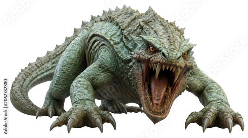 Green scaled reptilian creature roaring with open mouth and sharp teeth on Transparent Background