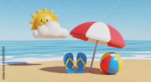 Beach scene with umbrella, flip flops and ball
