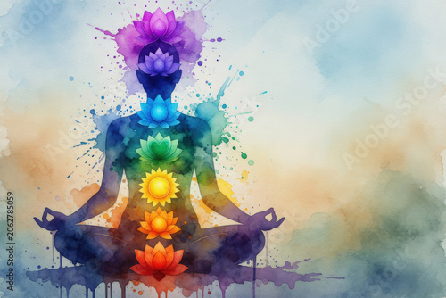Illustrazione dei sette chakra con figura umana in meditazione yoga