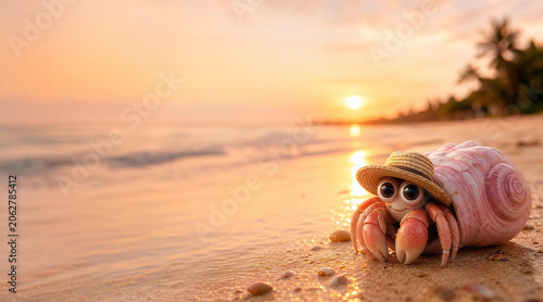 Cute 3D Style Hermit Crab Wearing Straw Hat on Tropical Beach at Sunset Background