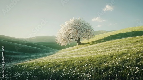 A solitary, blossoming tree sits atop rolling emerald hills under a bright blue sky