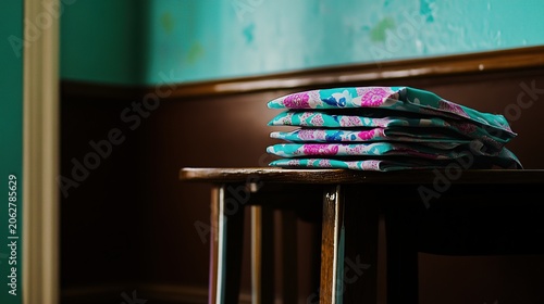 A Stacked Array of Colorful Notebooks on a Small Wooden Stool by a Teal Wall