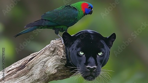 A striking black panther with a colorful parrot perched on its head in a lush forest setting