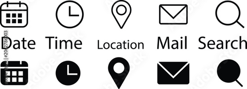 Set of five common icons with corresponding text labels for date time location mail and search Grainy