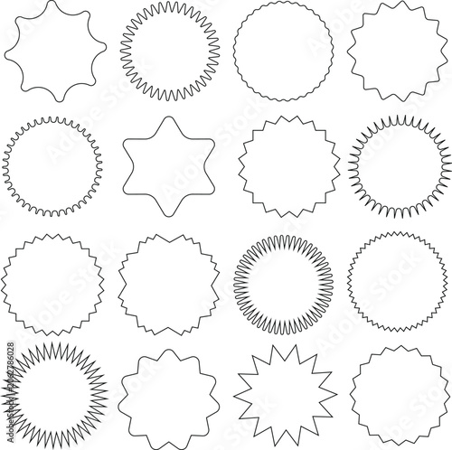Sixteen Outline Starburst Shapes With Jagged And Wavy Edges On White Background Keywords: starburst, shape, outline, line, black, white, background, isolated, jagged, spiky, serrated, wavy, Grainy