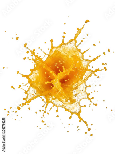 Fresh orange juice splashing with dynamic motion on a white background