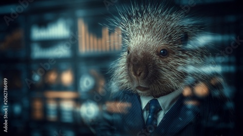 A porcupine dressed in a suit, humorously juxtaposed against a backdrop of business analytics and graphs.