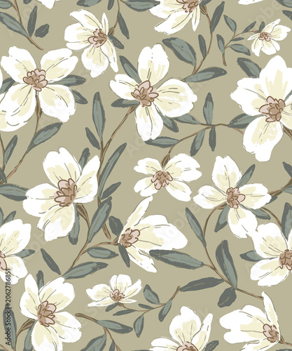 Seamless Olive Sage Magnolia Floral Pattern with White Flowers and Blue-Green Leaves