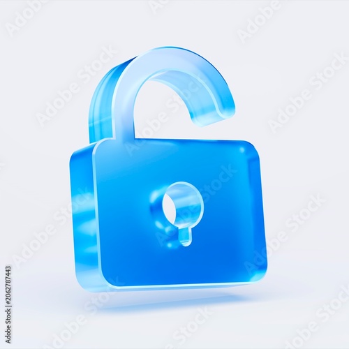 3D padlock icon isolated on white background, concept of security and privacy protection. Transparent Liquid Glass icon. 3D rendering.