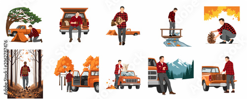 Bundle of outdoor adventure illustrations featuring a man camping, hiking, and traveling with an orange truck in autumn season