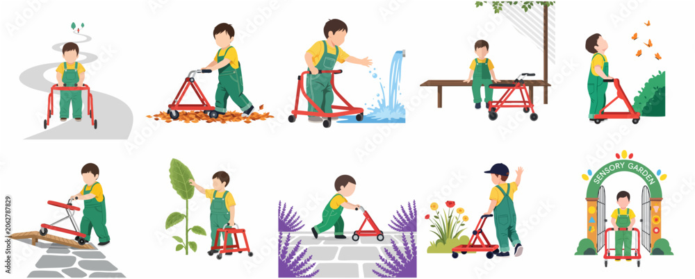 Fototapeta premium Disabled Boy Using Gait Trainer in Sensory Garden and Outdoor Activities Illustration Set