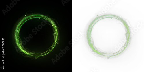 Green organic circular frame with soft glowing texture and natural eco design style on dark and light backgrounds. Vector nature ring, sustainable border and botanical energy effect.