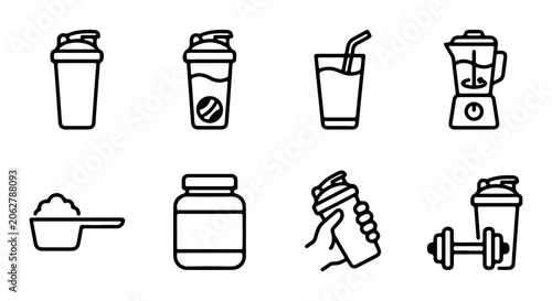Fitness Shaker Icons, Protein Powder Scoop, Blender, Dumbbell, Health Drink Vector Set