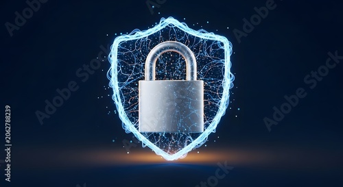 Padlock protected by a digital shield symbolizes robust cybersecurity and data privacy.