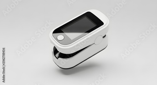 Pulse oximeter device floats against a neutral background to show medical monitoring.