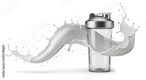 Protein shaker bottle stands surrounded by a dynamic splash of fresh milk.