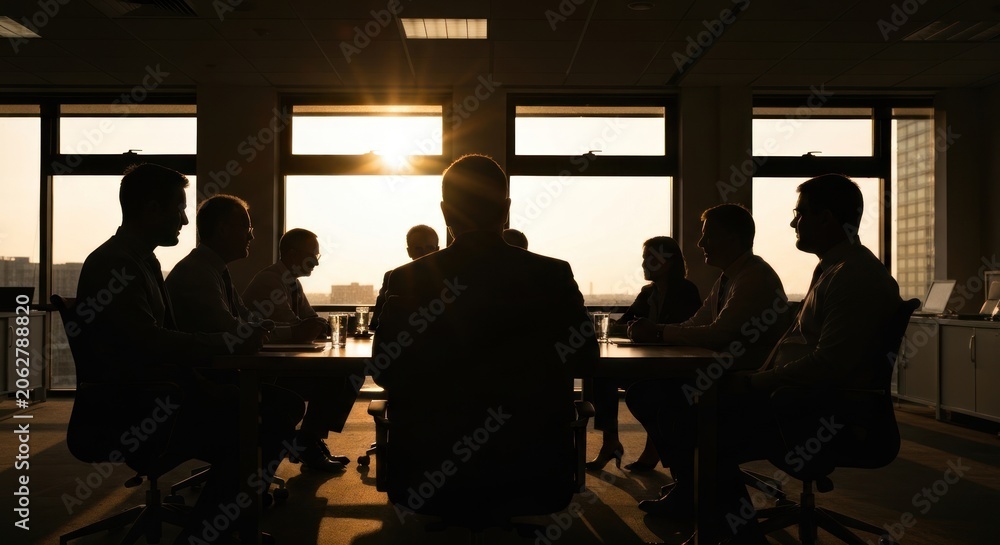 Fototapeta premium Silhouette of business team meeting in office at sunset.