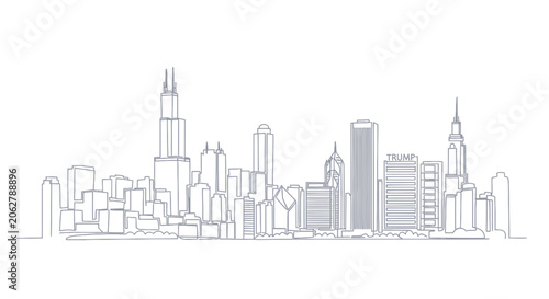 Chicago skyline cityscape with famous skyscrapers in one line style