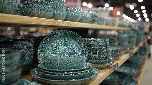 Shelf display showcases teal ceramic dishes, including plates, bowls, and cups, in a store setting