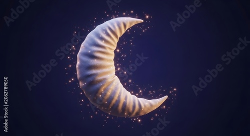 Moon crescent floats in the night sky surrounded by soft twinkling stars and magical stardust.