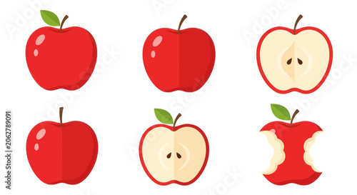 Fresh red apples set including whole fruit half slice and bitten core