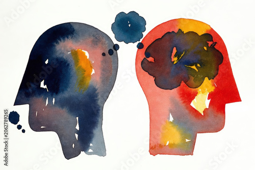 Illustrazione concettuale ad acquerello di due menti in comunicazione