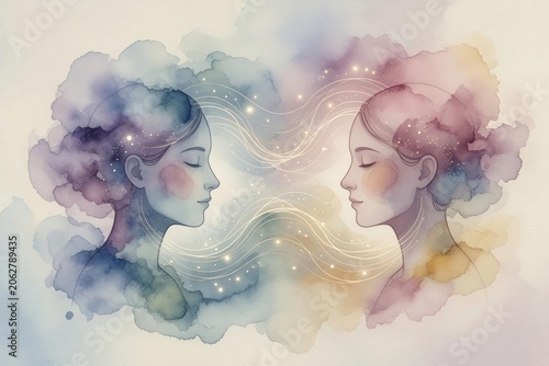 Due volti femminili astratti in un ritratto onirico ad acquerello