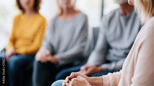 Group of four adults engaged in a discussion, with a focus on a woman in a light sweater, seated in a modern interior setting, showcasing a collaborative community atmosphere