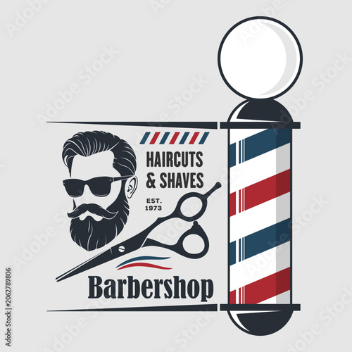 Barbershop logo, poster or banner design concept with barber pole and bearded men. Vector illustration