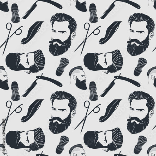 Barbershop seamless pattern with hipster face, hairdressing scissors and razor. Vector illustration