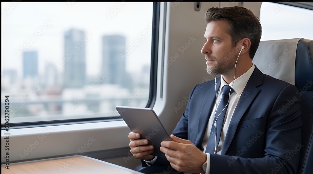 Fototapeta premium Business Traveler: Productive Work on Tablet During Train Commute