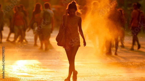 Extreme summer heat wave in modern city with blazing sunlight, urban climate stress, environmental warming concept, hot temperature atmosphere over streets, buildings and daily life discomfort
