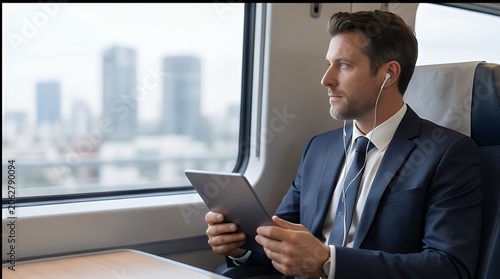 Business Traveler: Productive Work on Tablet During Train Commute