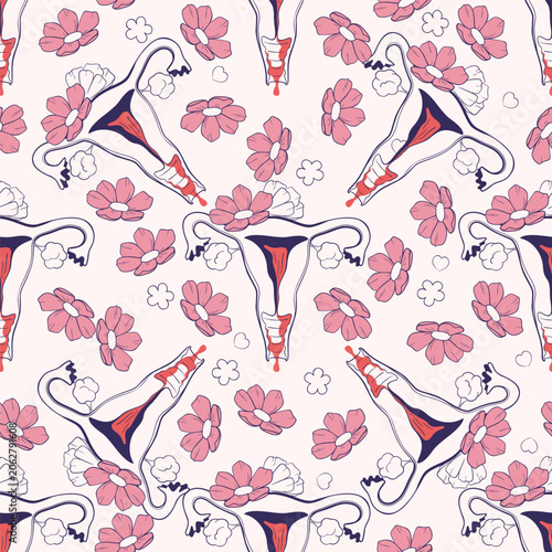 Floral Menstrual Cycle and Feminine Hygiene Seamless pattern with Uterus, Tampons, Pads and Women's Health