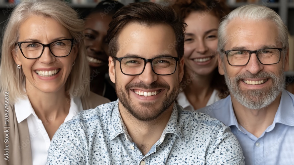 Fototapeta premium Diverse smiling professionals wearing glasses pose together with a blurred office background for corporate branding.