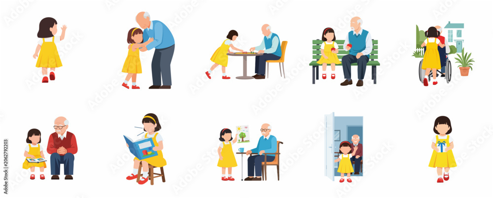 Fototapeta premium Collection of flat illustrations showing grandfather and granddaughter bonding through various activities and elderly care