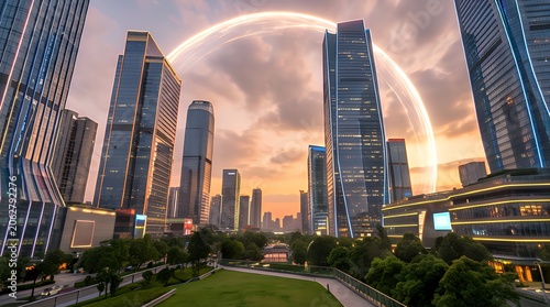 Celestial Arc: Futuristic Urban Skyline at Dusk with Luminous Ring